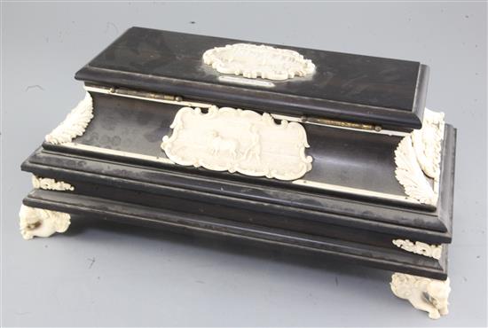 A late 19th century Indian ivory and ebony Trivandrum School of Arts casket, 15.5 x 9in. height 6.25in.
